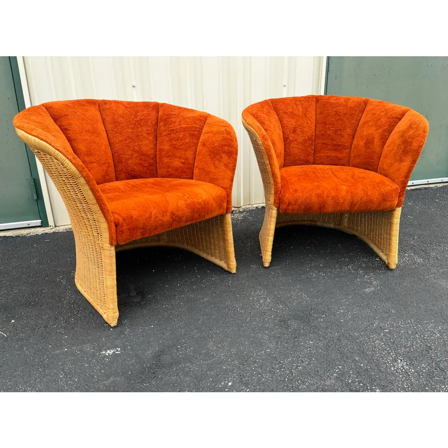 Vintage Sculptural Rattan Barrel Chairs in Original Orange Chenille- A Pair