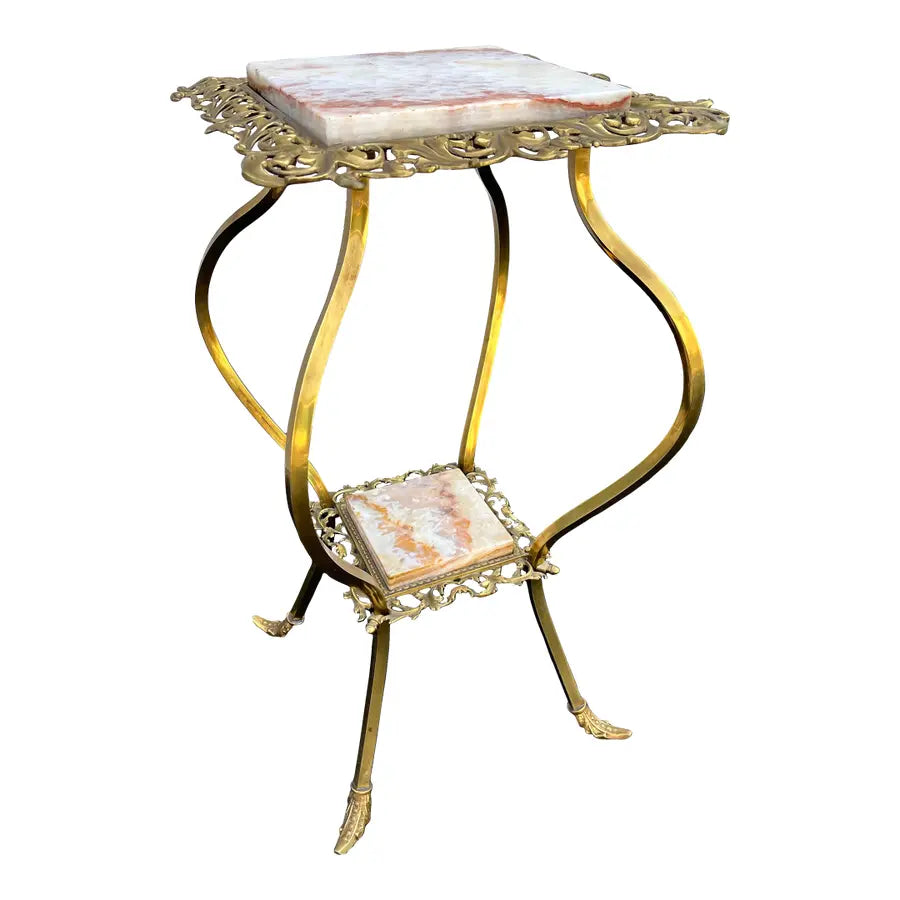 Vintage Two-Tier Brass and Onyx Planter Stand With Gallery