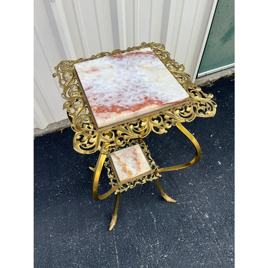 Vintage Two-Tier Brass and Onyx Planter Stand With Gallery