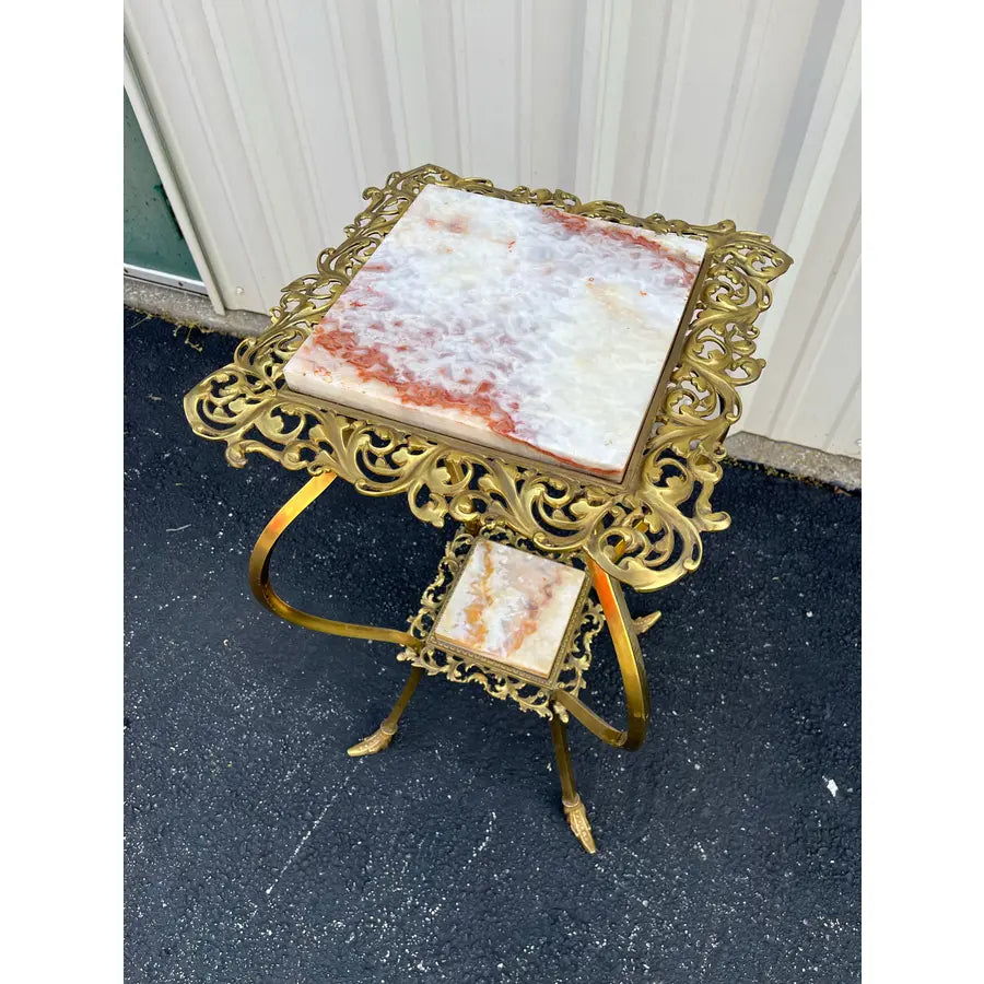 Vintage Two-Tier Brass and Onyx Planter Stand With Gallery