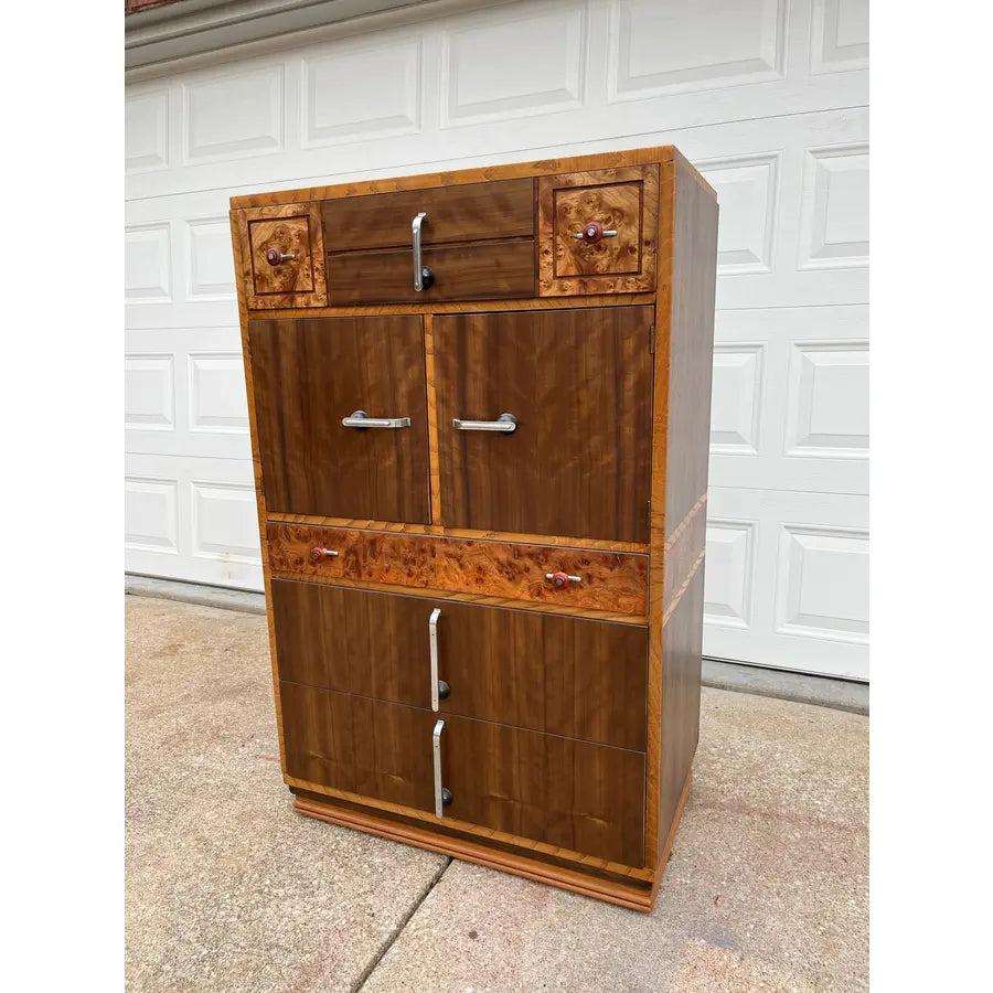 Williamsport Furniture Art Deco Burlwood and Walnut Tall Chest of Drawers- Fully Restored