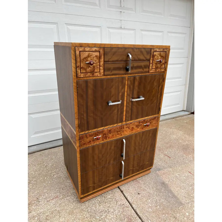 Williamsport Furniture Art Deco Burlwood and Walnut Tall Chest of Drawers- Fully Restored