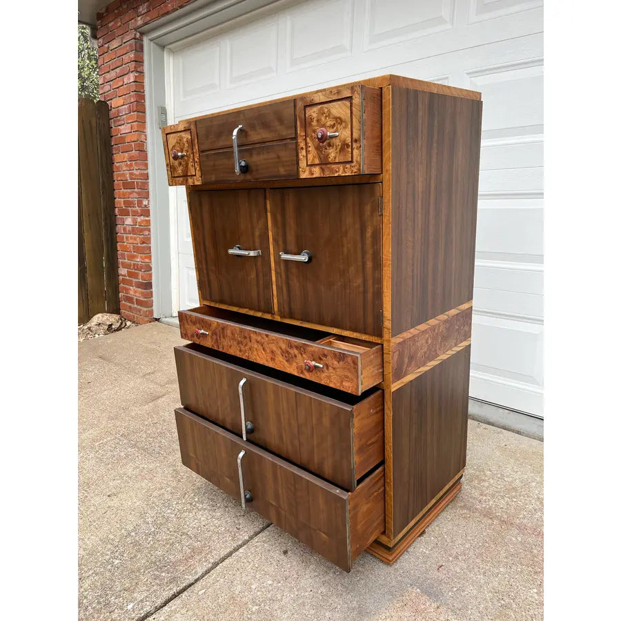 Williamsport Furniture Art Deco Burlwood and Walnut Tall Chest of Drawers- Fully Restored