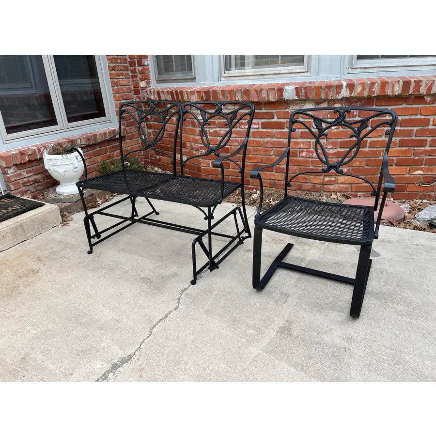 Wrought Iron Glider Bench & Cantilever Chair - Set of 2