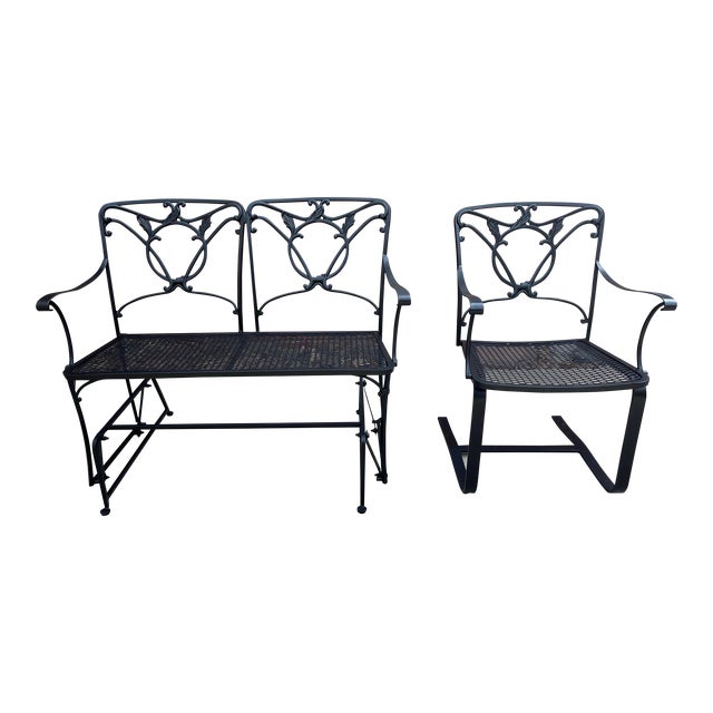 Wrought Iron Glider Bench & Cantilever Chair - Set of 2